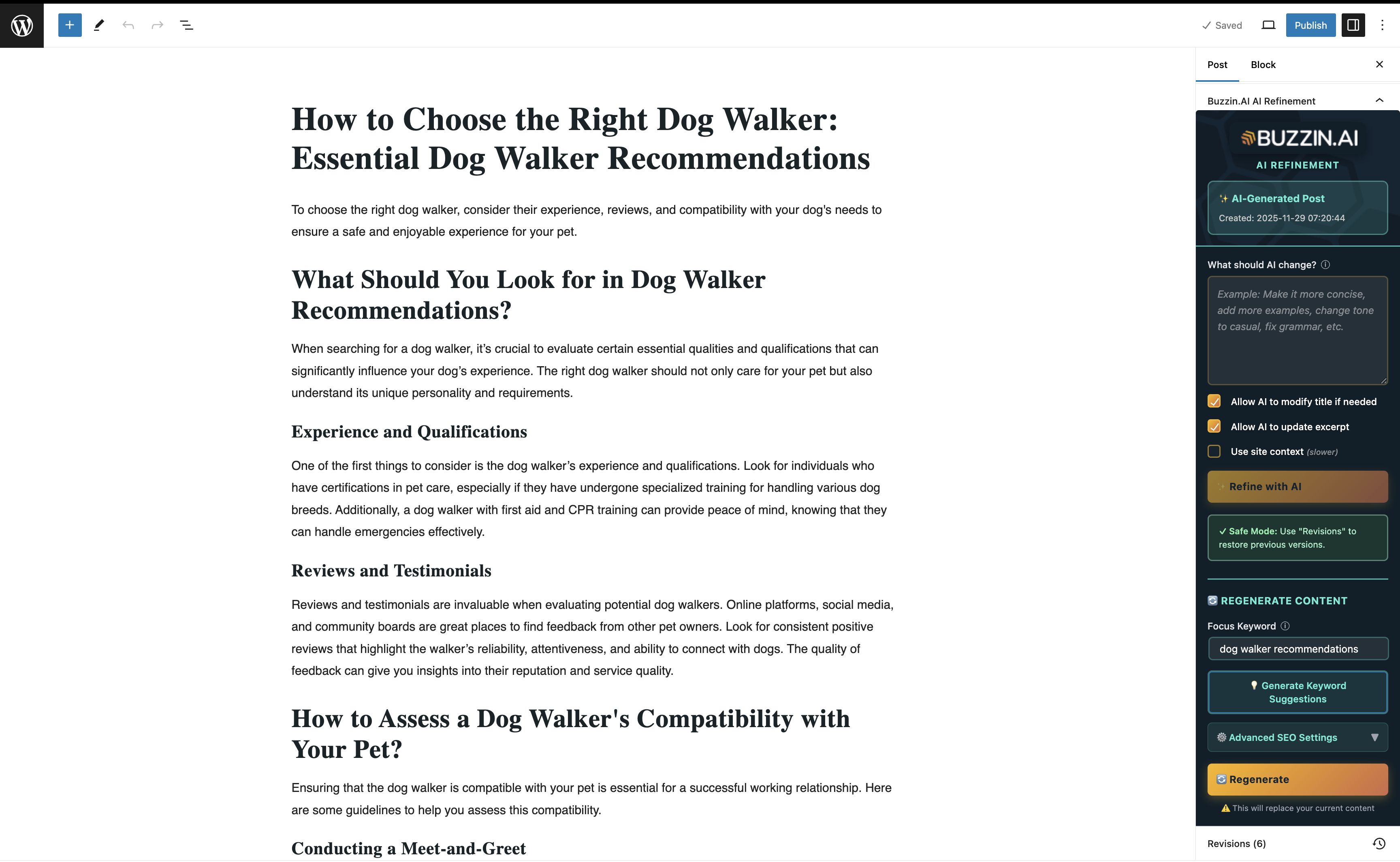 Buzzin AI Refinement panel in WordPress editor sidebar