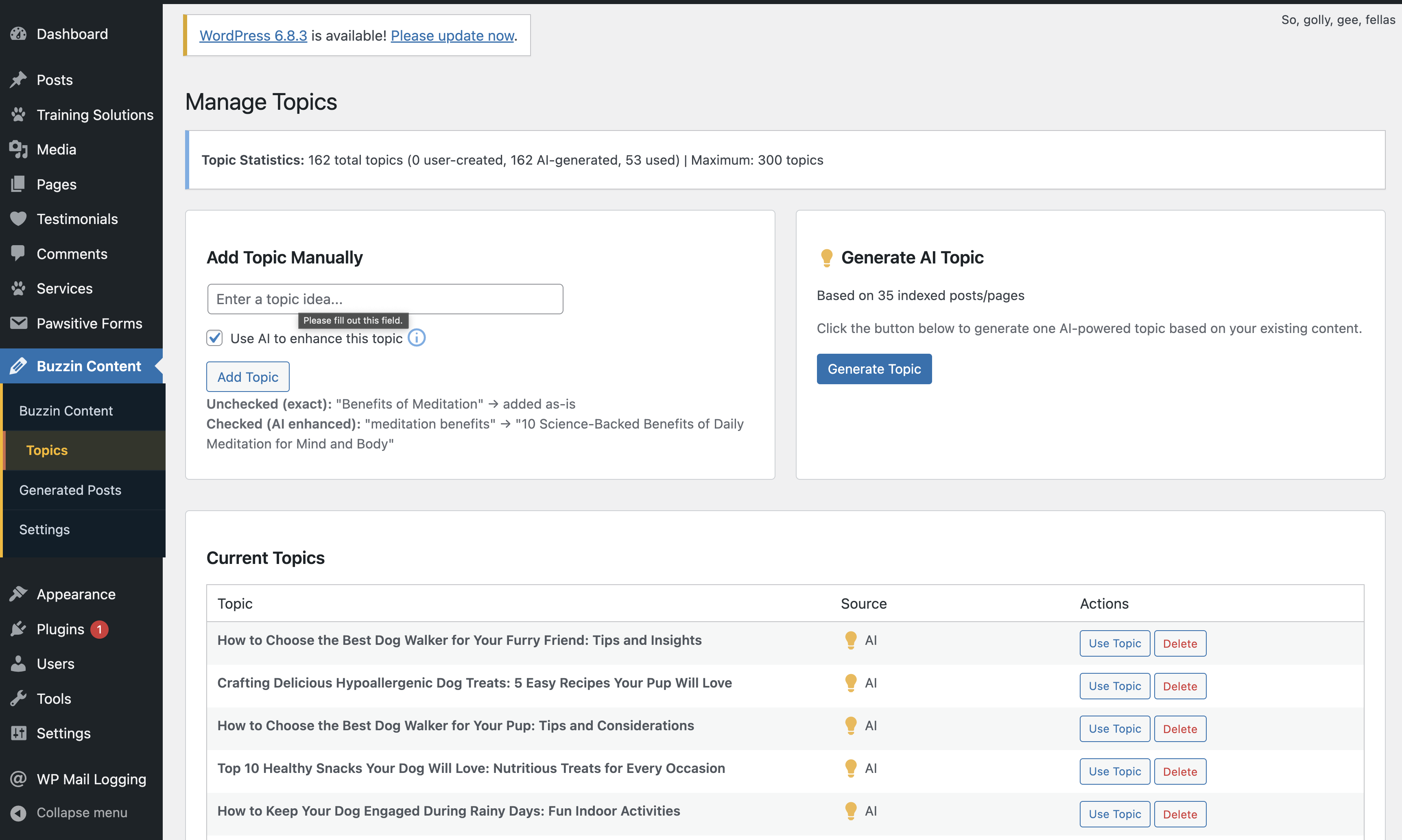 Buzzin Topic Generation page with AI-generated topic ideas